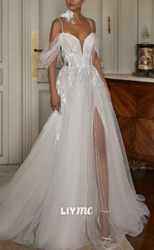 LW950 - Off-Shoulder Spaghetti Straps Appliques Tulle A-Line High Slit Beach Wedding Dress LW950 - Off-Shoulder Spaghetti Straps Appliques Tulle A-Line High Slit Beach Wedding Dress