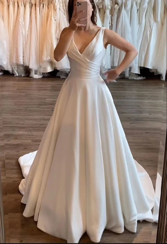 Princess A Line Wedding Dresses Classic V-Neck Ruched Pleat Satin Long Wedding Gown S3807 Princess A Line Wedding Dresses Classic V-Neck Ruched Pleat Satin Long Wedding Gown S3807